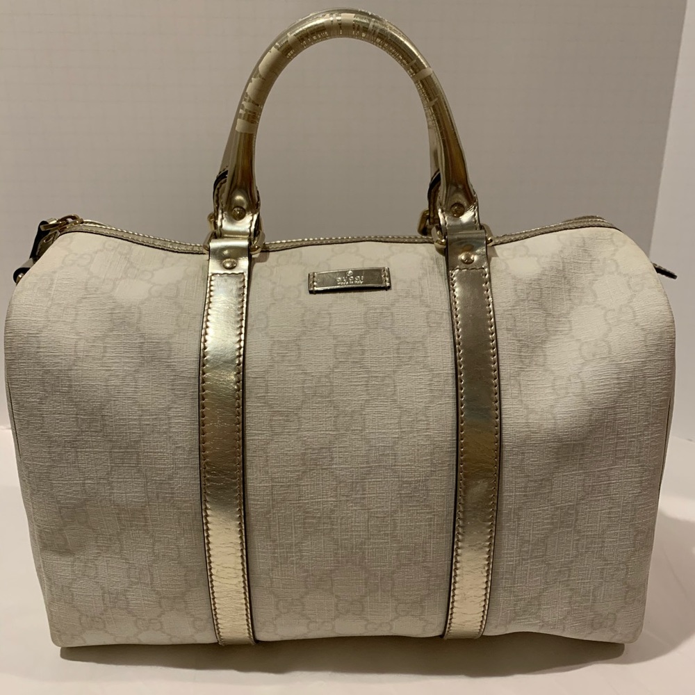 Gucci Joy Boston Bag in ivory pewter coated canvas